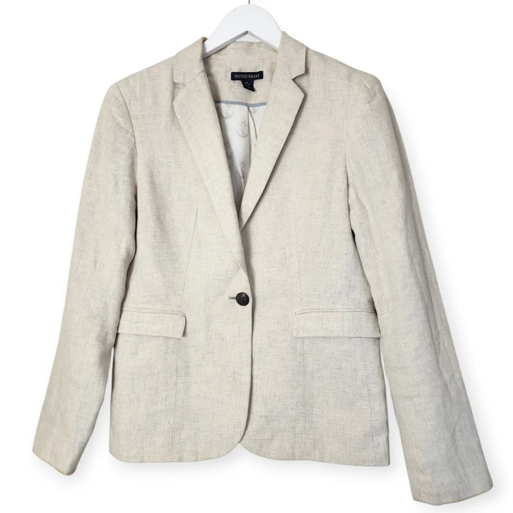 British Khaki Vintage Old Money Tailored Coastal Creme Linen Blazer Size M